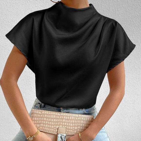 Black Casual Womens Mock Neck Batwing Sleeve Satin Blouse - Picture 3 of 5